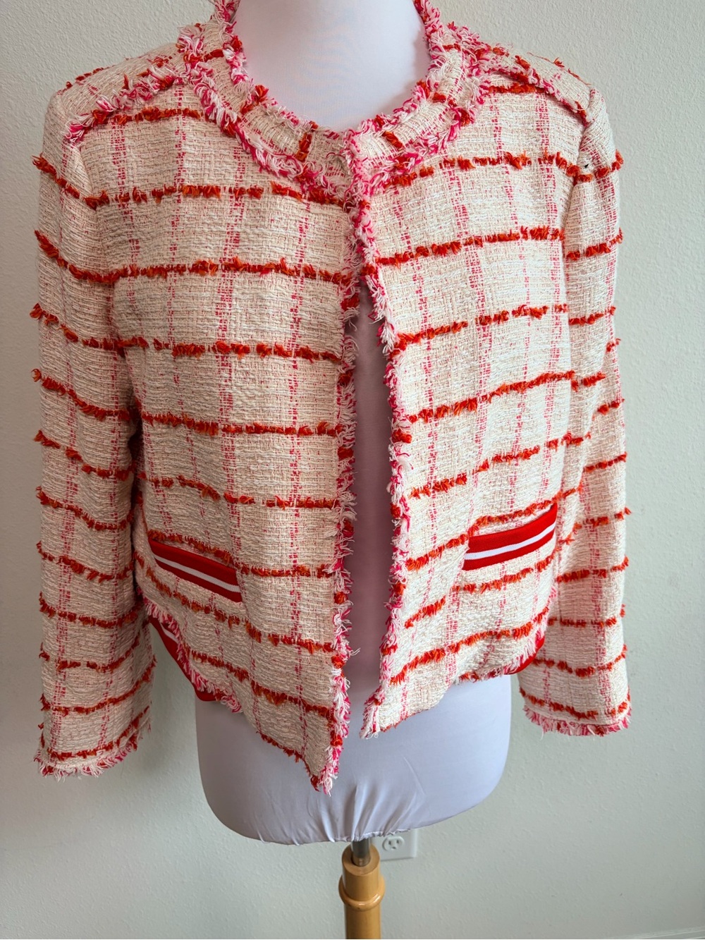 Pinko Cream and Coral Tweed Fringe Jacket - Picture 5 of 10